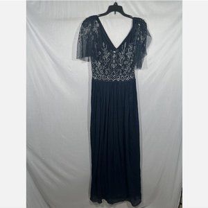 NEW $289 Adrianna Papell [ 6 ] Bead Bodice Long Chiffon Gown Midnight Blue #Q493